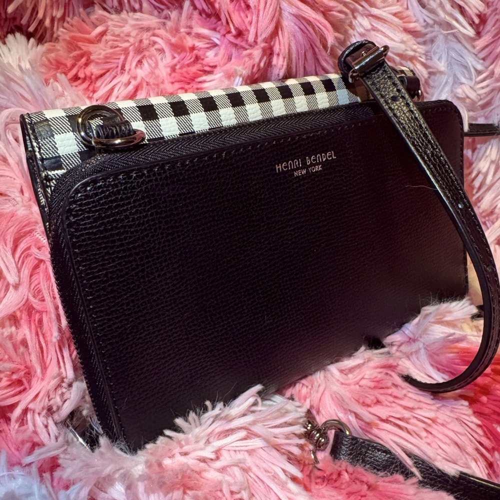 Henri Bendel Crossbody Wallet on a String Clutch Gingham Pebble Leather Rare
